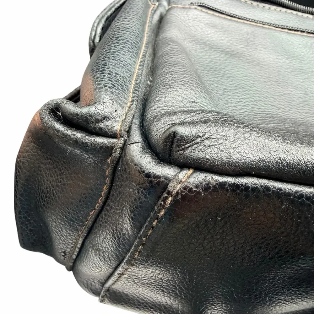Vintage Black Leather Mini Backpack Small Daypack Zip Pockets